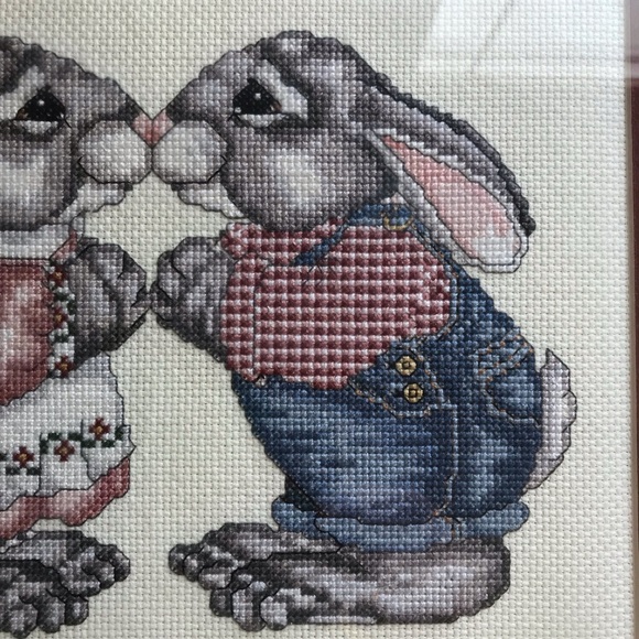 Handmade Complete Cross Stitch Bunnies Professionally Framed & Matted w/Glass - Picture 3 of 6